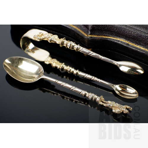 Boxed Sterling Silver Teaspoons and Tongs Set in Manoah Rhodes and Sons Velvet Lined Box, 94g
