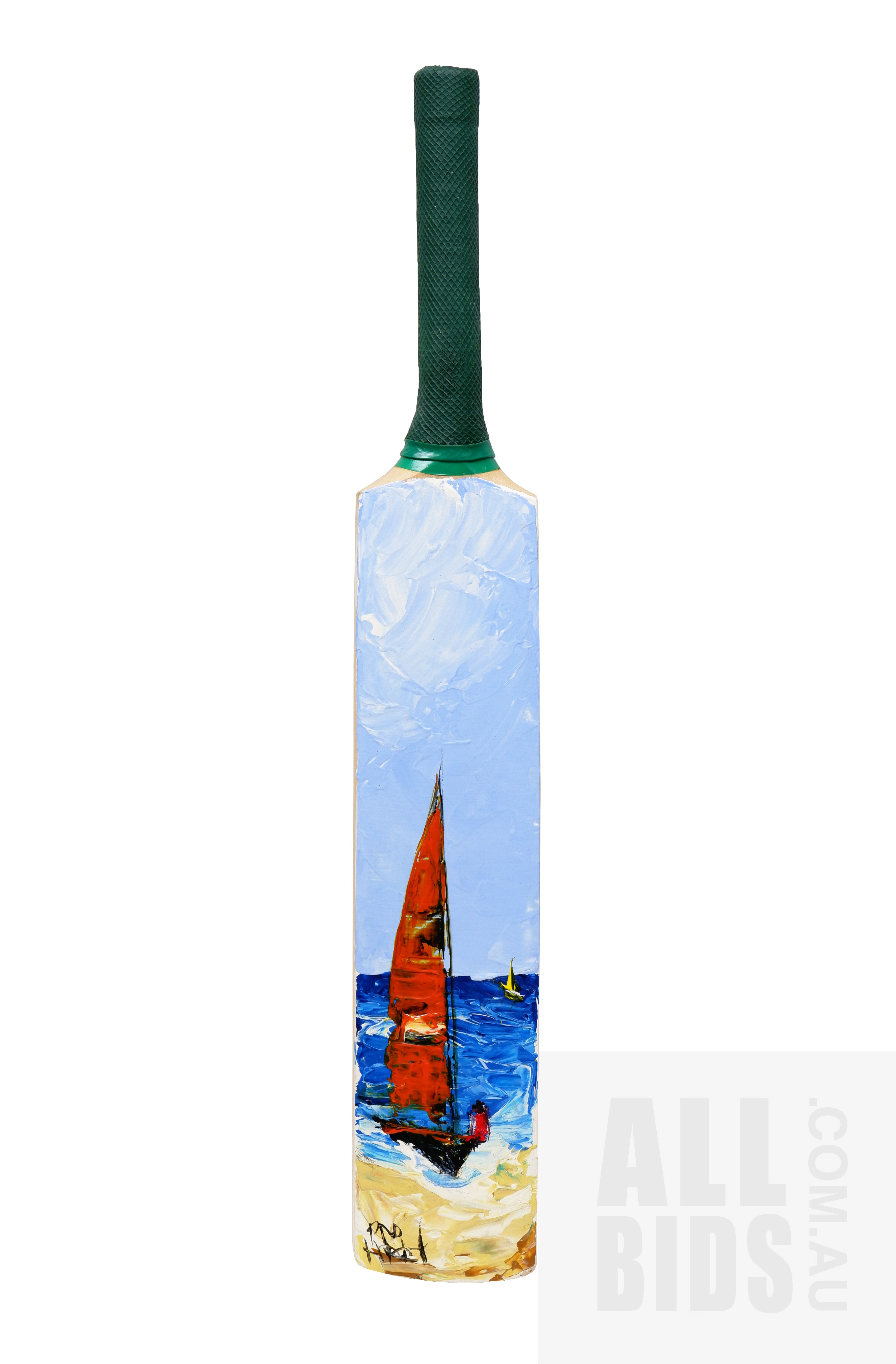 'Pro Hart (1928-2006), Beach Scene with Boat, Oil on Cricket Bat, 40 cm overall'