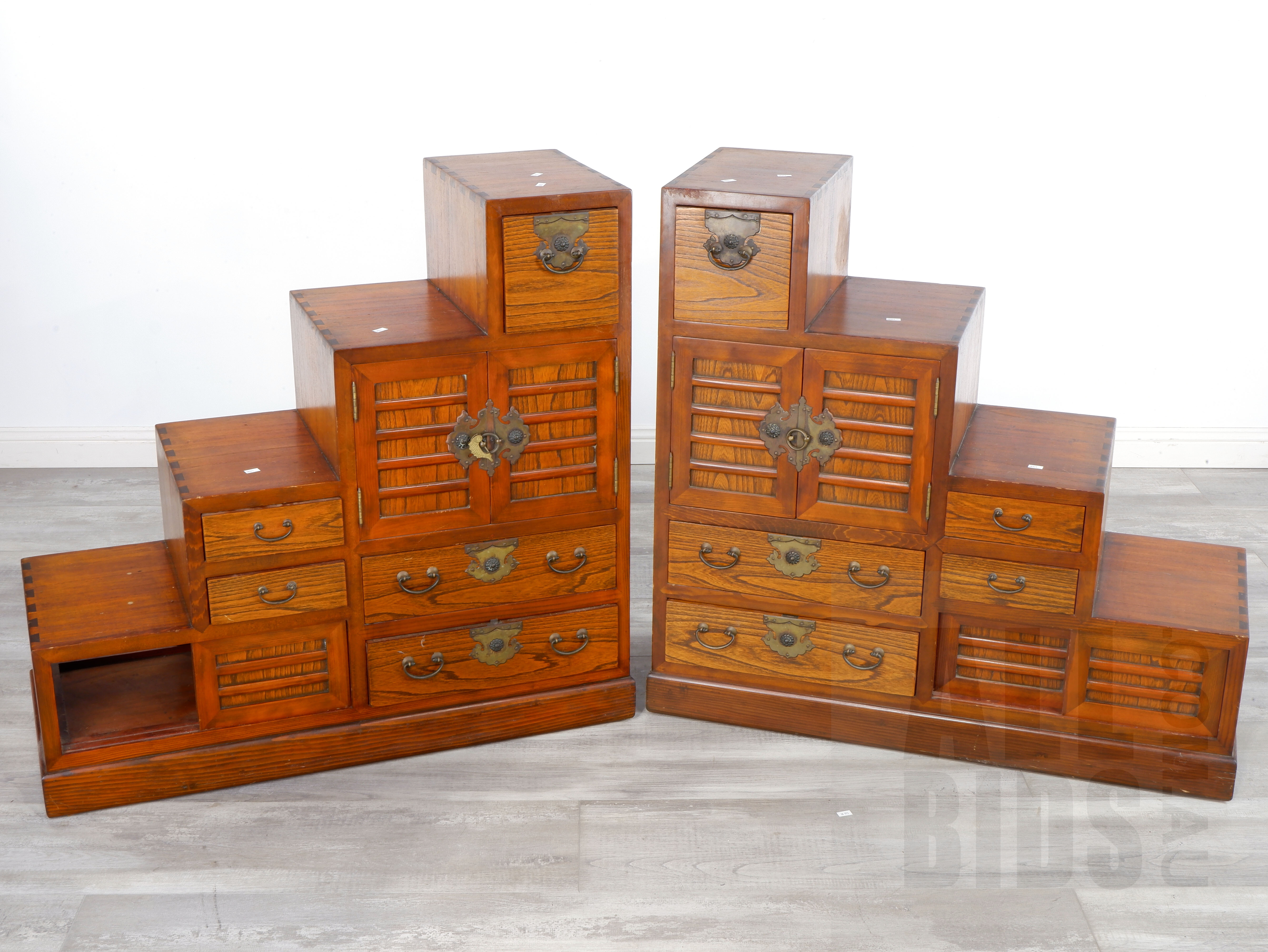 'Mirror Pair of Antique Style Japanese Elm Staircase Chests'