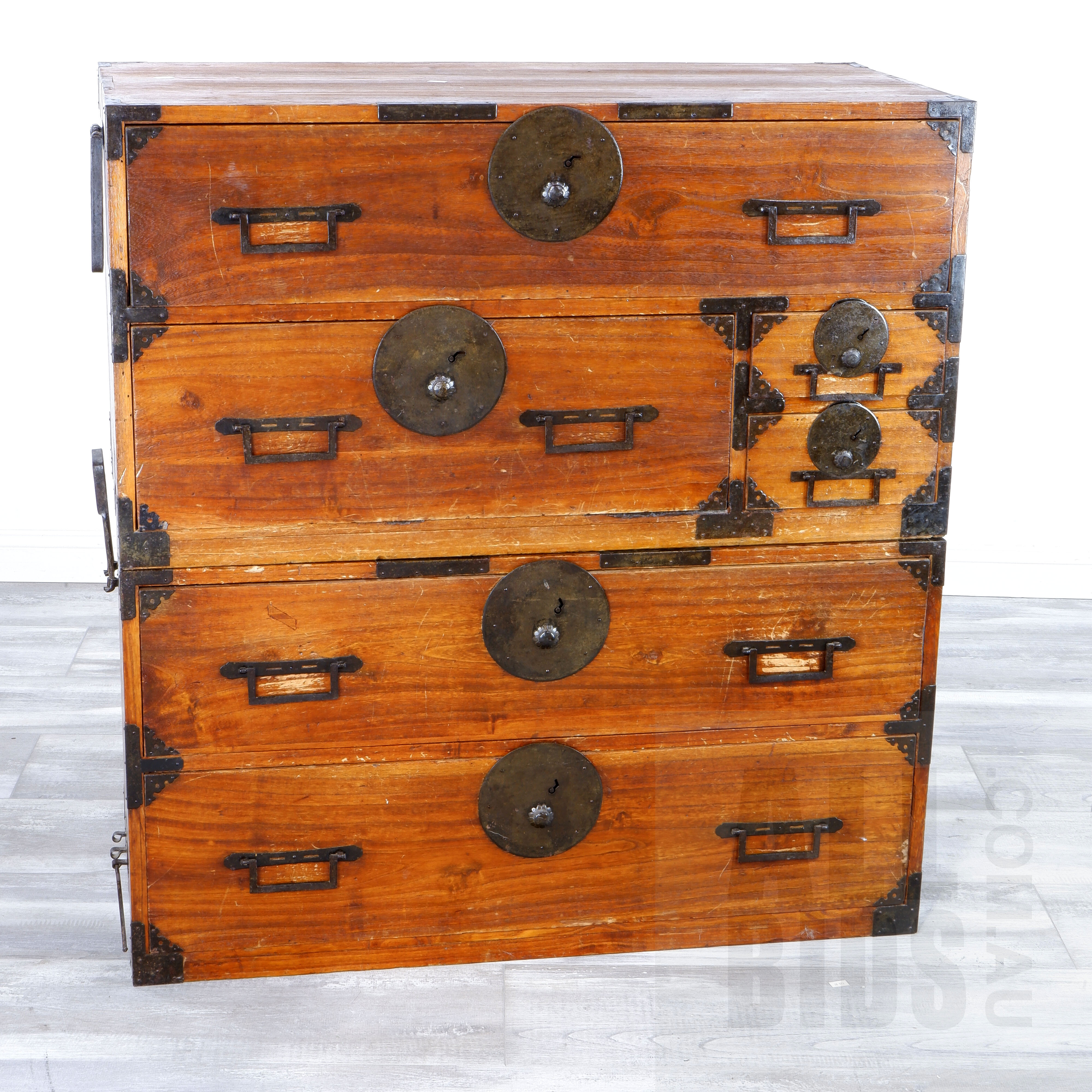 'Antique Style Japanese Elm and Wrought Metal Bound Kimono Chest on Chest, First Set'