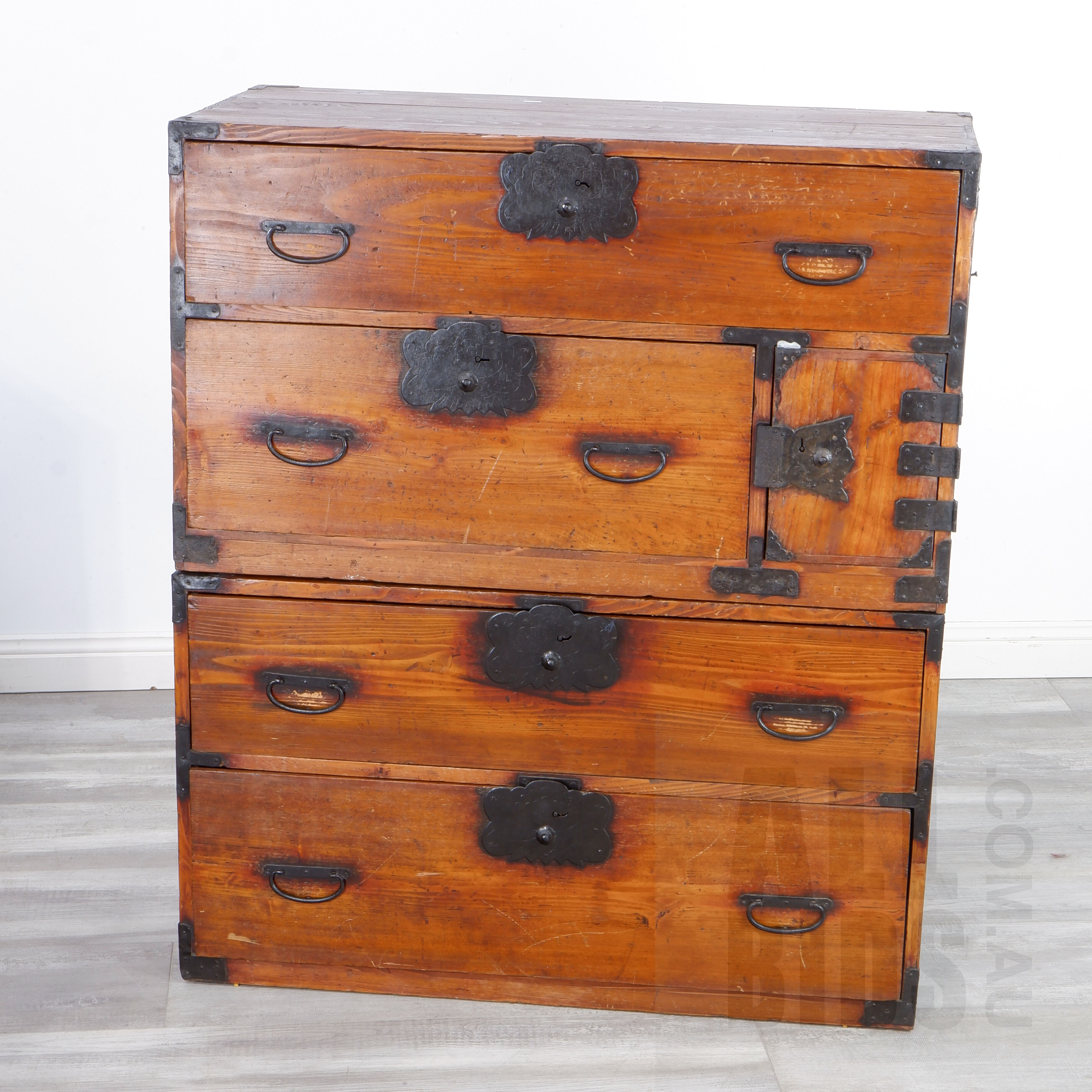 'Antique Style Japanese Elm and Wrought Metal Bound Kimono Chest on Chest, Second Set'