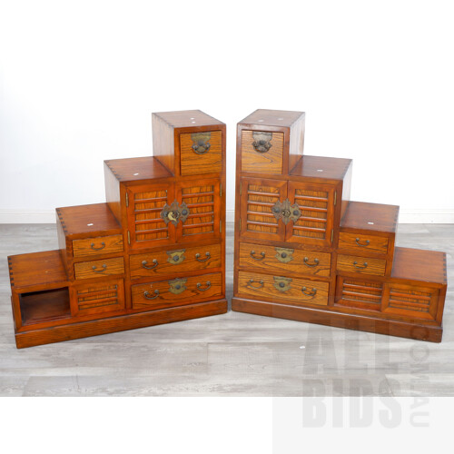 Mirror Pair of Antique Style Japanese Elm Staircase Chests