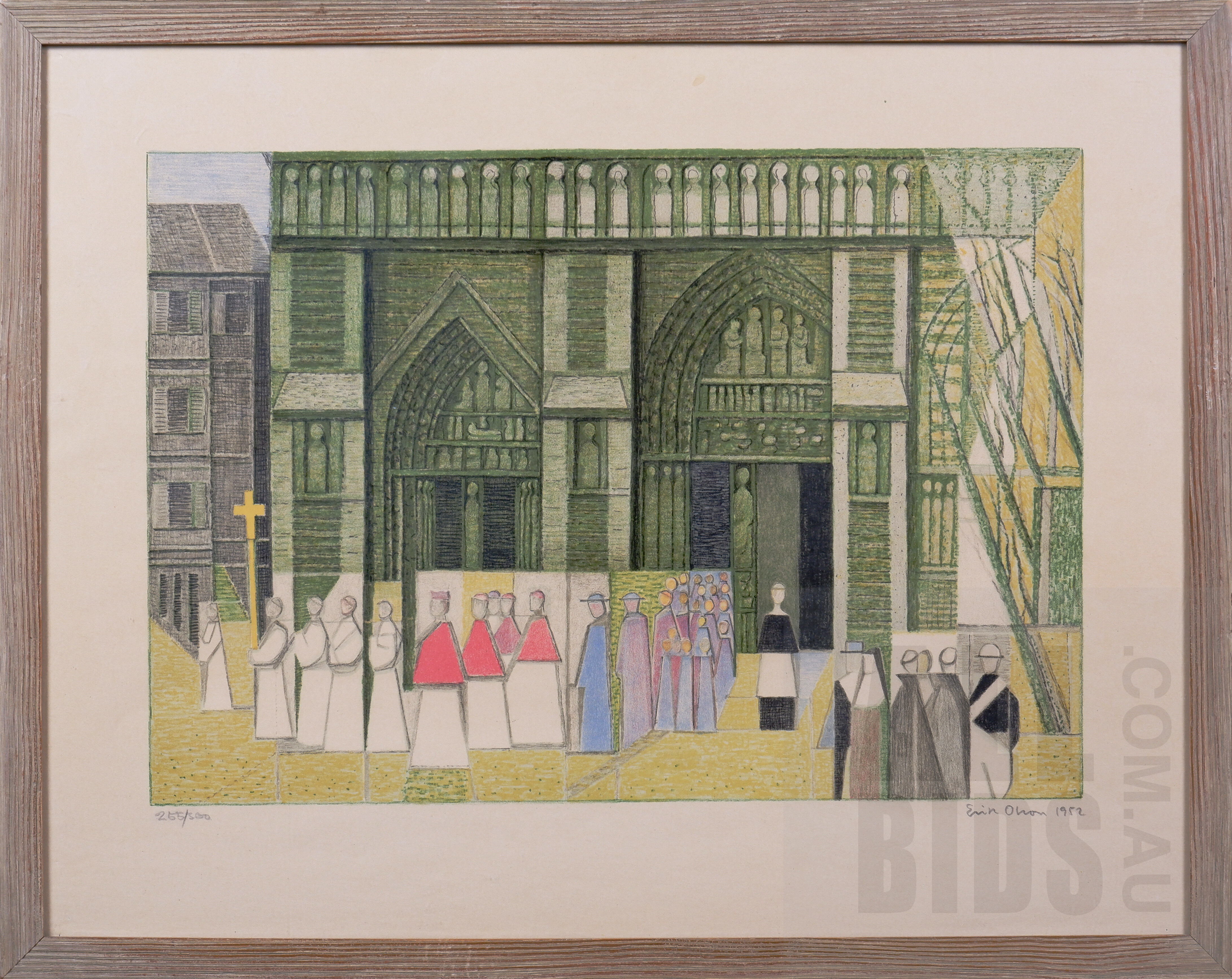 'Erik Olson (1901-1986, Swedish - Halmstad Group), Church Procession 1952, Colour Lithograph, 42 x 54 cm (incl. frame)'