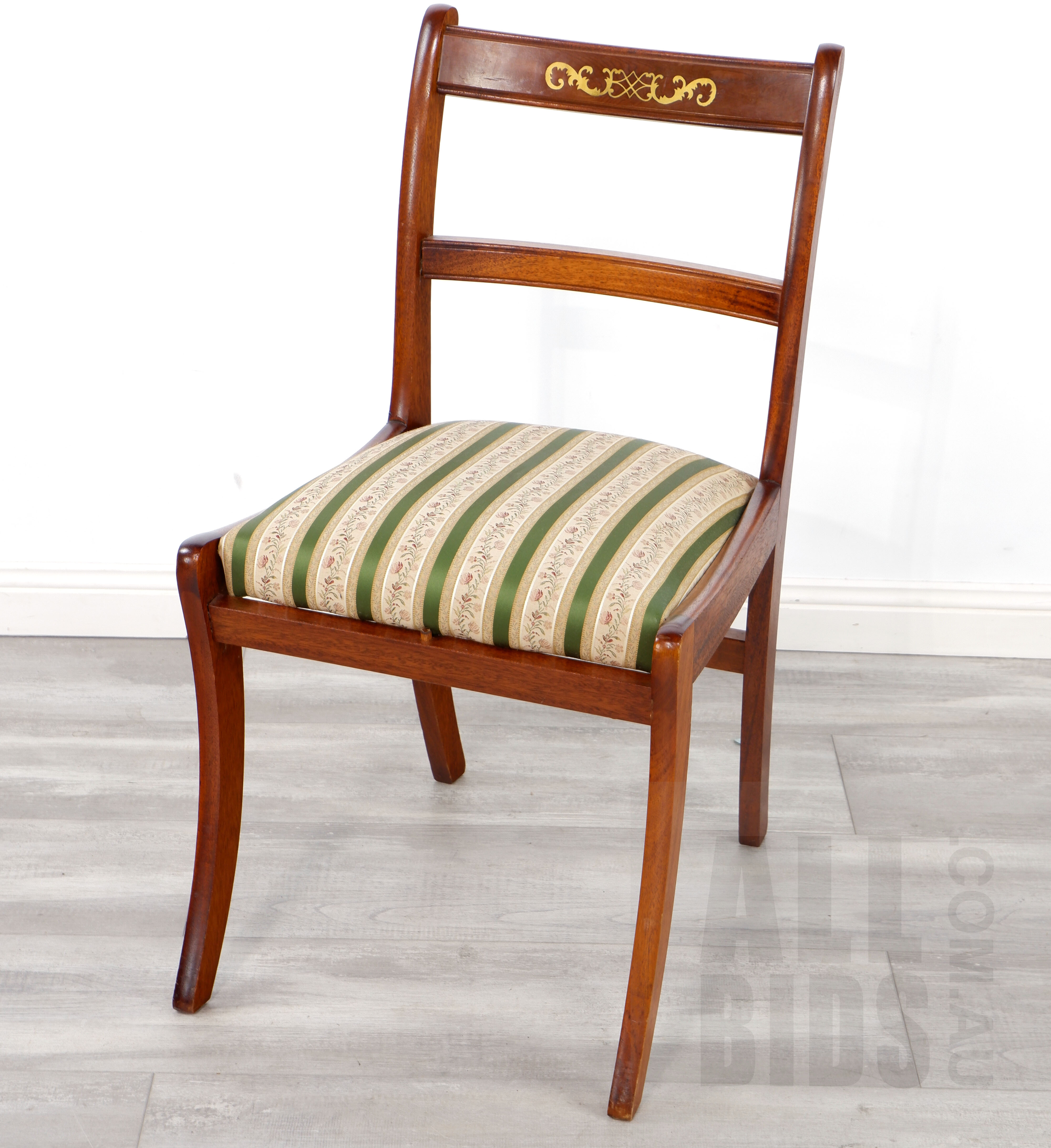 'Regency Style Sabre Leg Dining Chair with Inlaid Brass Scroll and Drop in Seat Cushion'