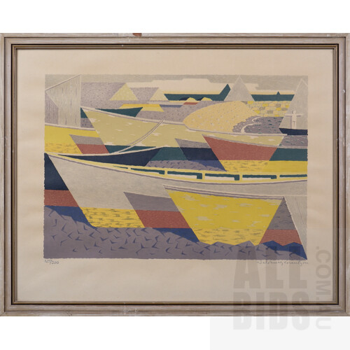 Waldemar Lorentzon (1889-1984, Swedish - Halmstad Group), Beach with Boats, Colour Lithograph, 42 x 54 cm (incl. frame)