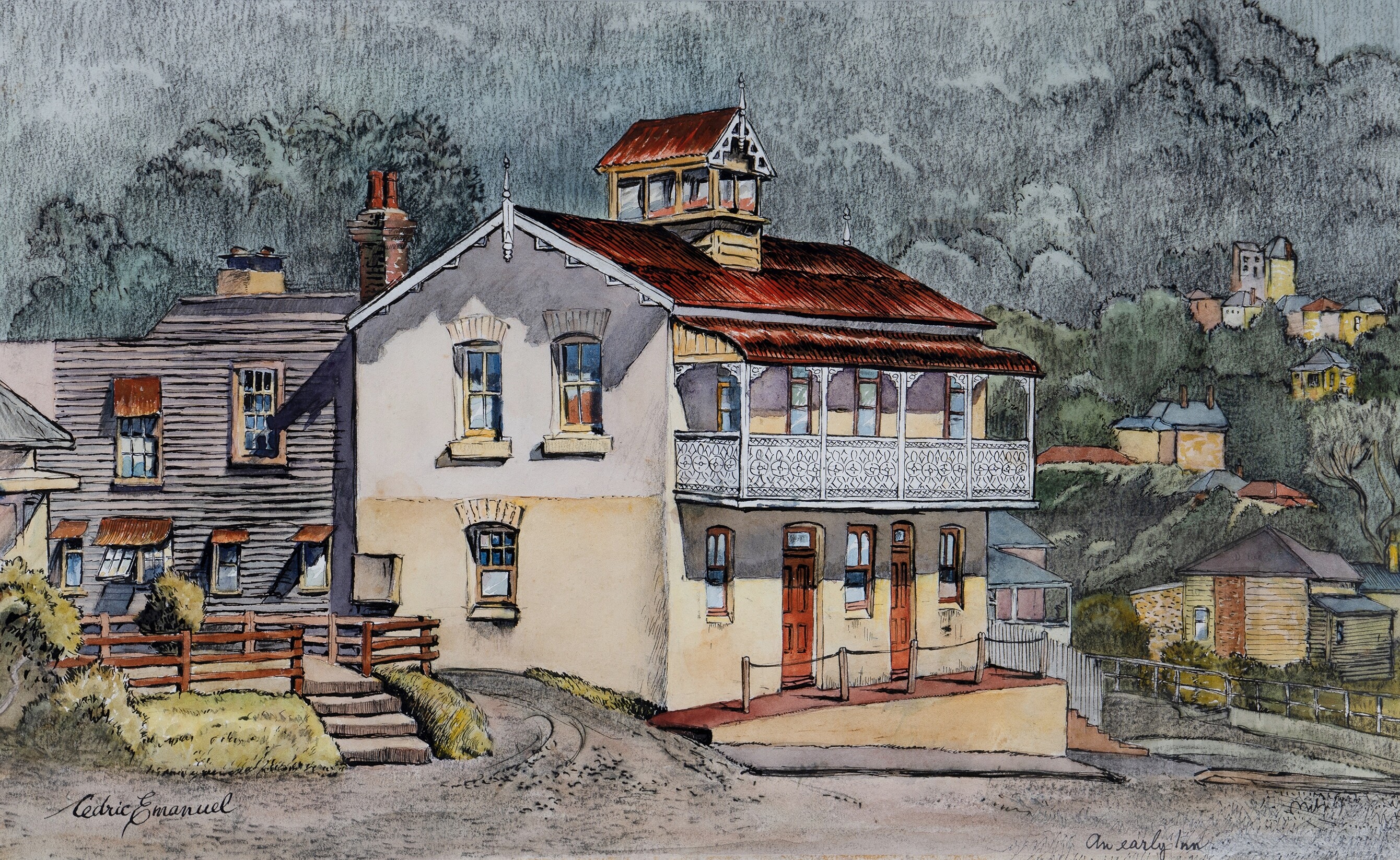 'Cedric Emanuel (1906-1995), An Early Inn [The Denmark Hotel, Bulli, NSW], Watercolour, Ink & Charcoal, 27x44cm'