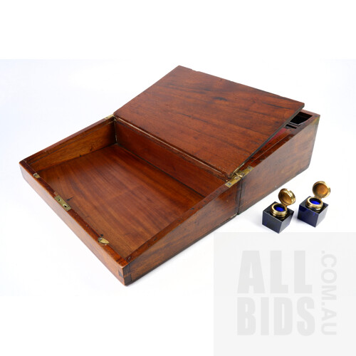 Antique Mahogany Writing Slope with Cobalt Blue Faceted Glass Inkwells, Late 19th Early 20th Century