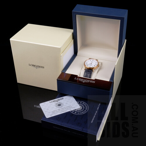 Longines White Face Automatic Watch in Original Packaging with Users Manual, Receipt and Warranty Card