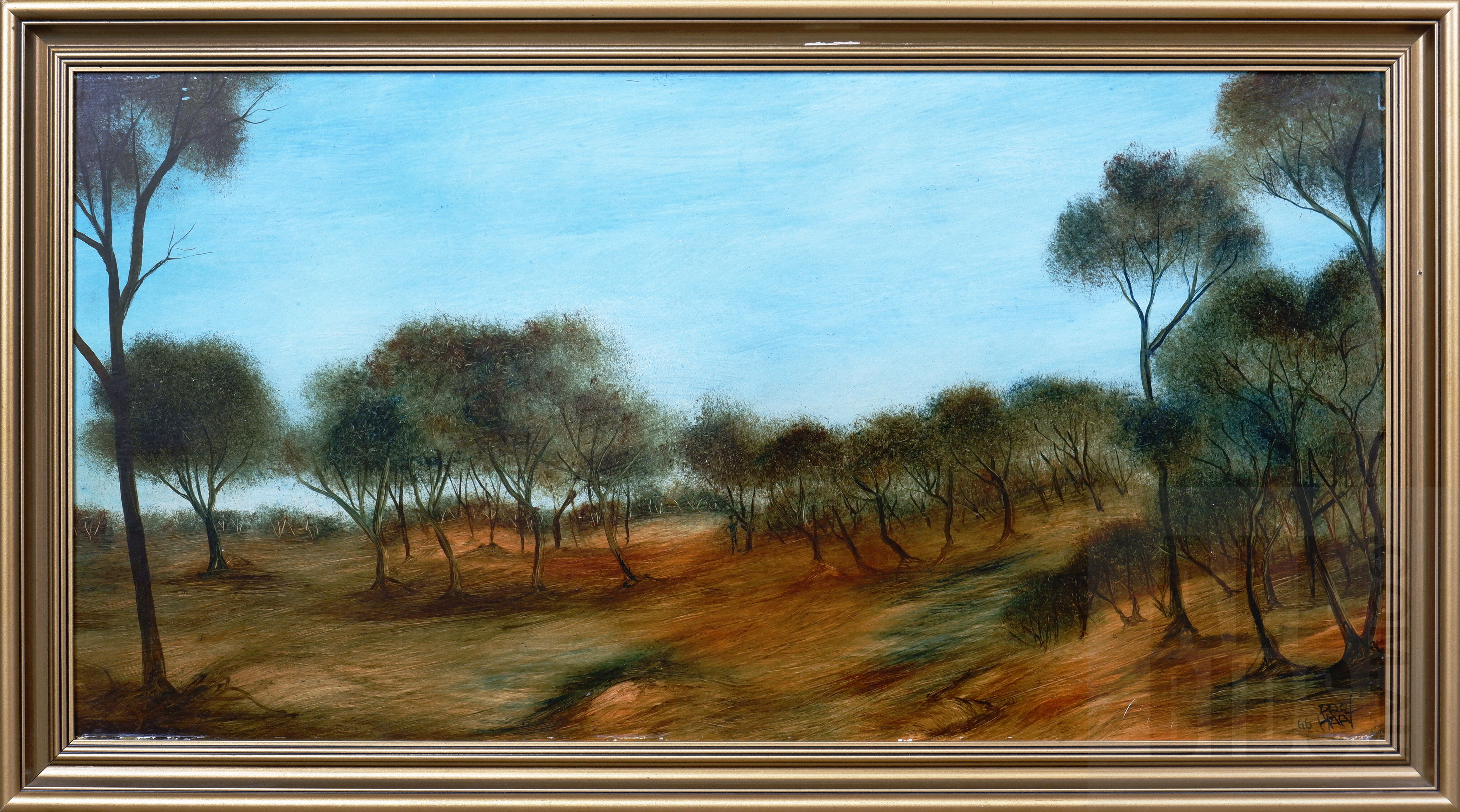 'Pro Hart (1928-2006), Landscape With Man Standing by a Tree 1966 Oil on Board, 39 x 76 cm'