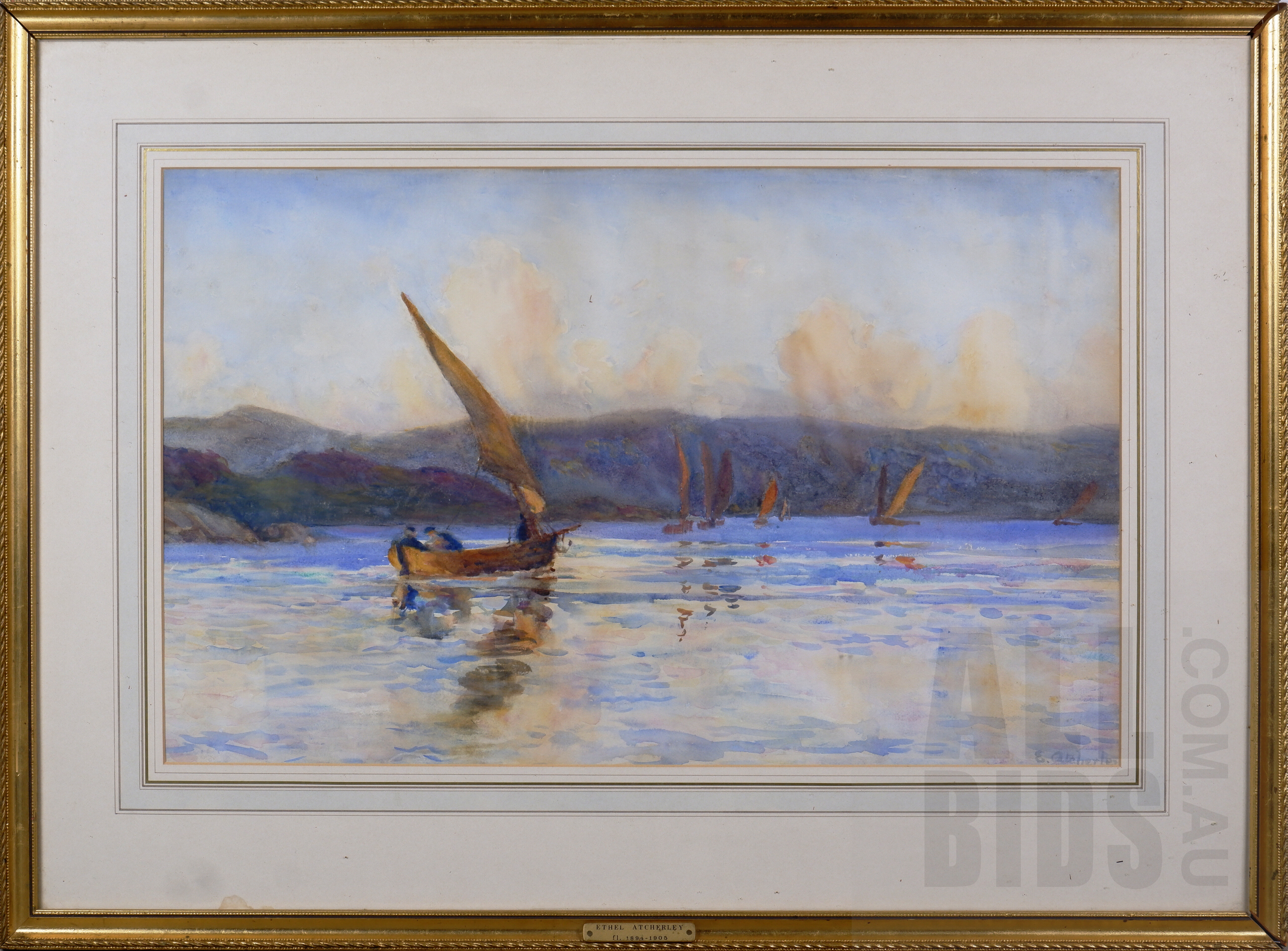 'Ethel Atcherley (1894-1905), Fisherman on the Water, Watercolour, 37 x 54 cm'