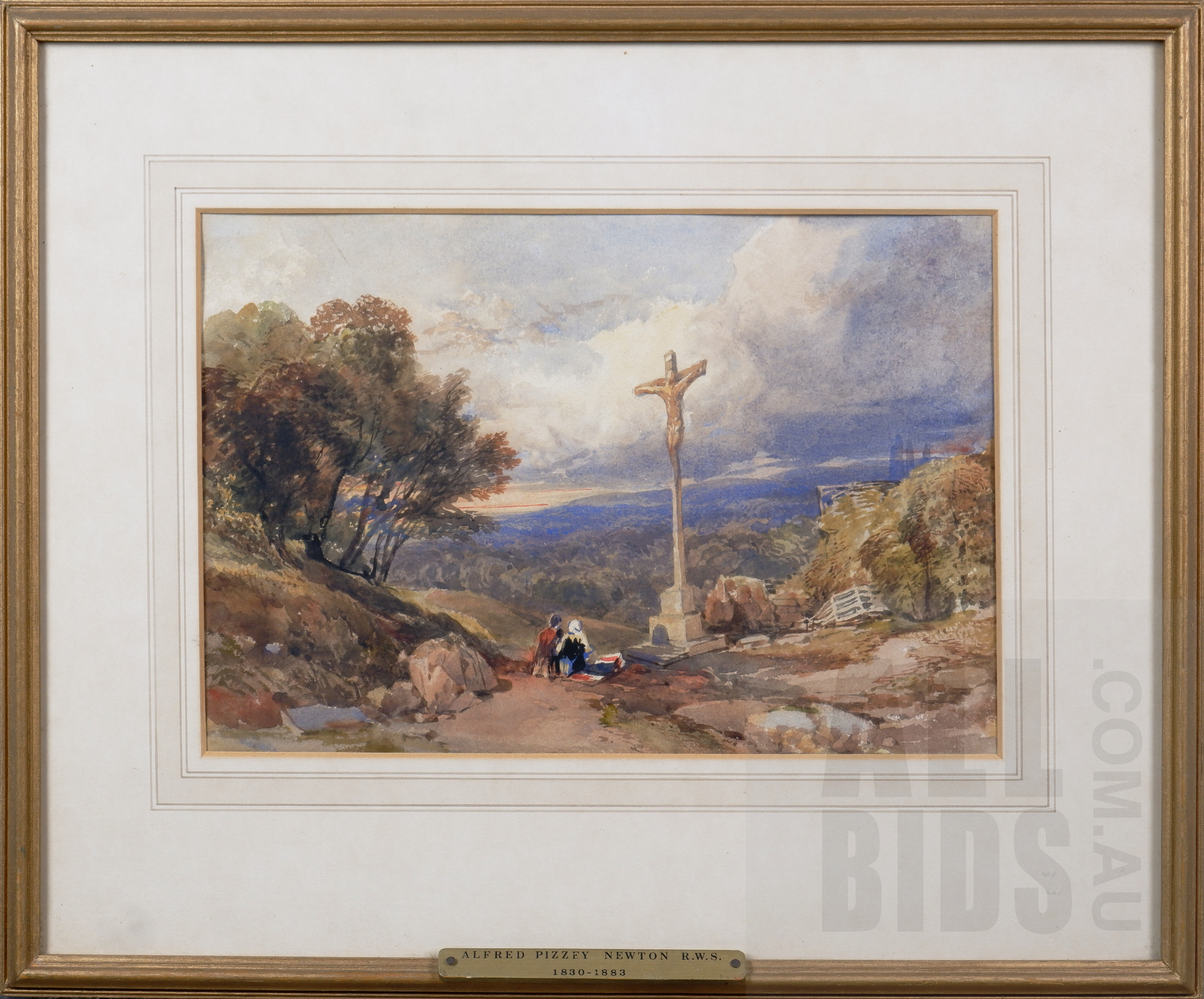 'Alfred Pizzey Newton (1830-1883), A Woody Landscape with Figures by a Cross, Pencil and Coloured Washes, 19 x 29 cm'