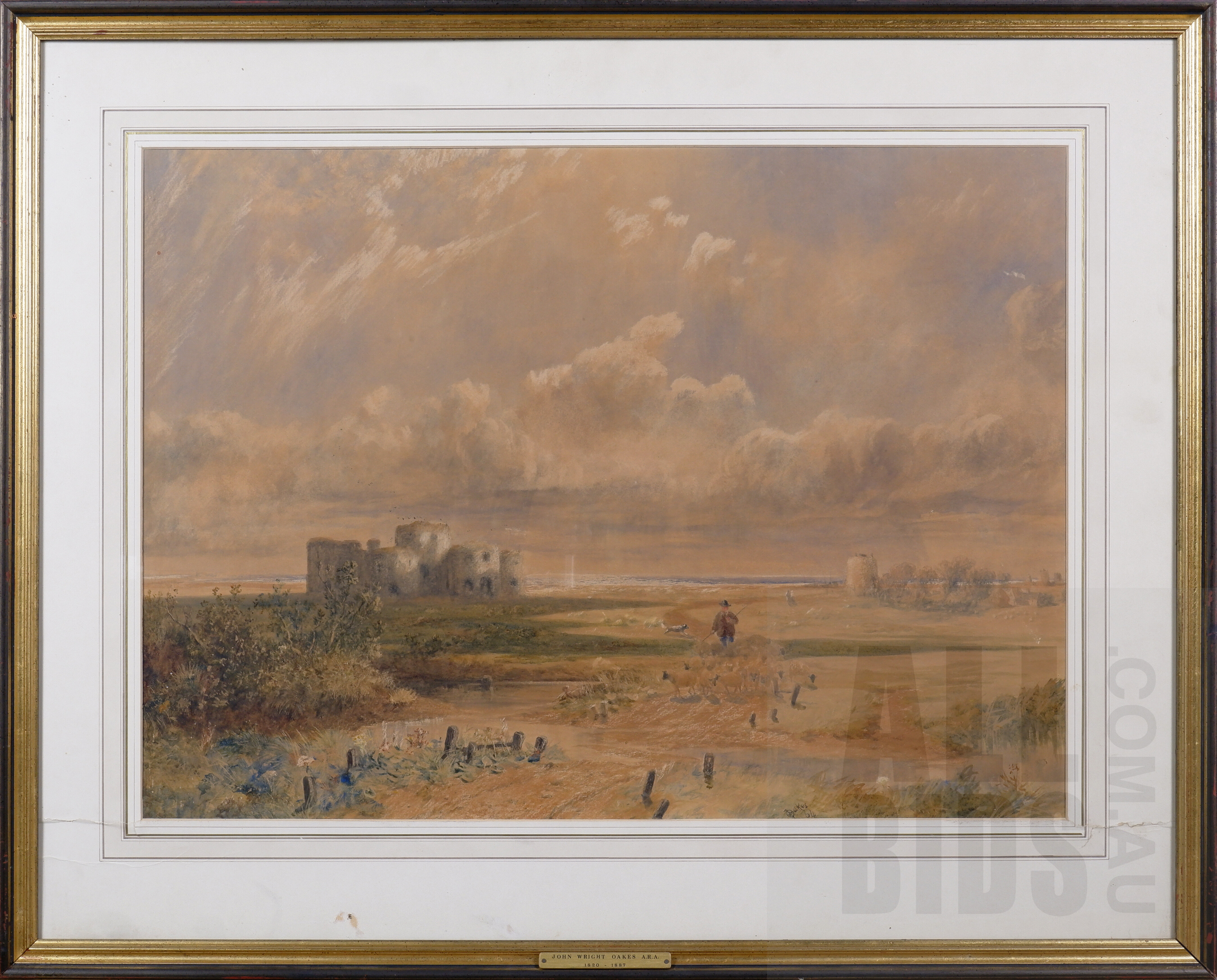 'John Wright Oakes (1820-1887), A View of Coombe at Rye in Sussex with a Shepherd and his Flock in the Foreground 1864, Pencil and Coloured Washes, 55 x 76 cm'