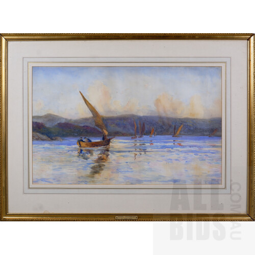 Ethel Atcherley (1894-1905), Fisherman on the Water, Watercolour, 37 x 54 cm