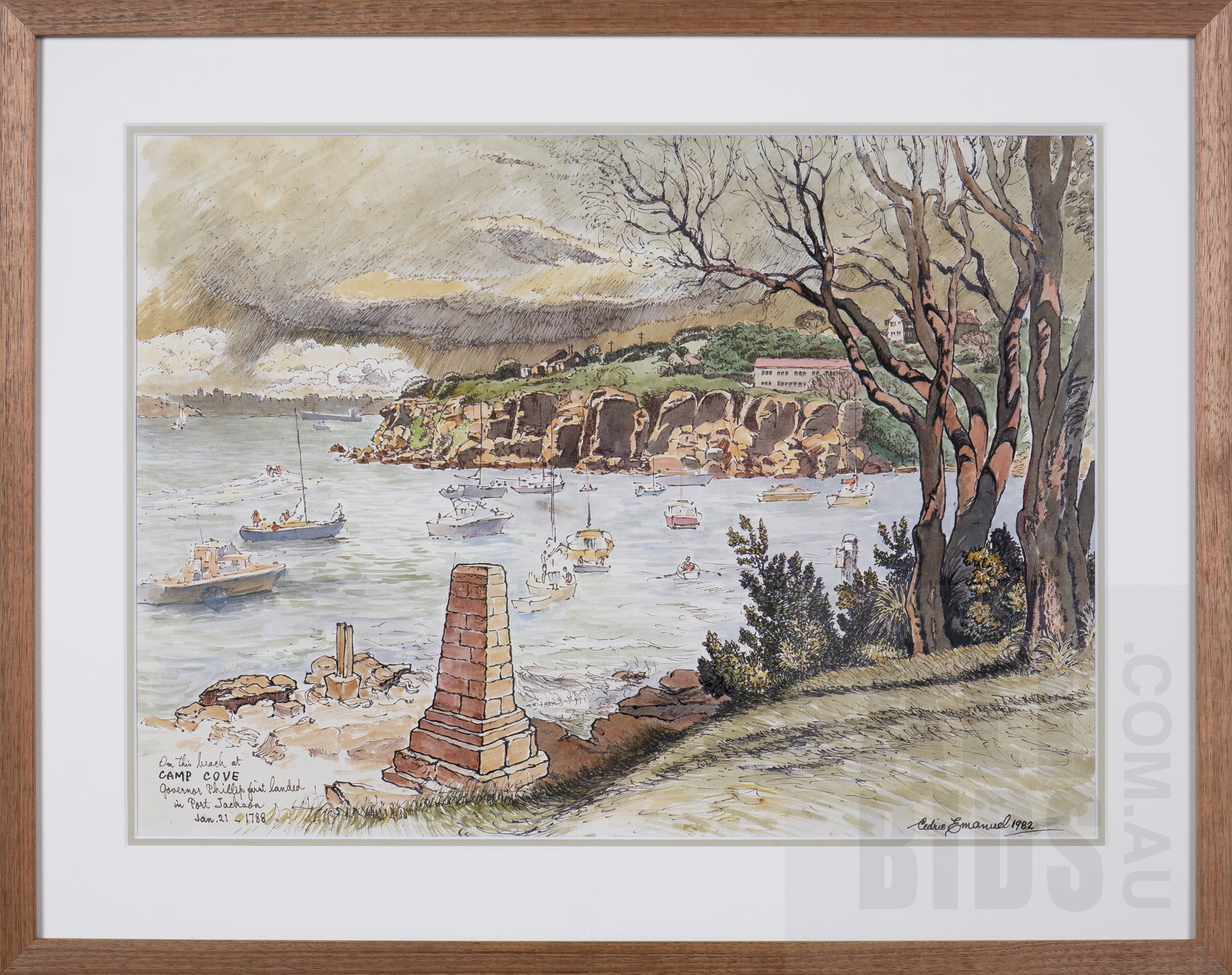'Cedric Emanuel (1906-1995), Stormy Weather - Camp Cove Watsons Bay, Sydney Harbour 1982, Watercolour, Ink & Charcoal, 36 x 48cm'