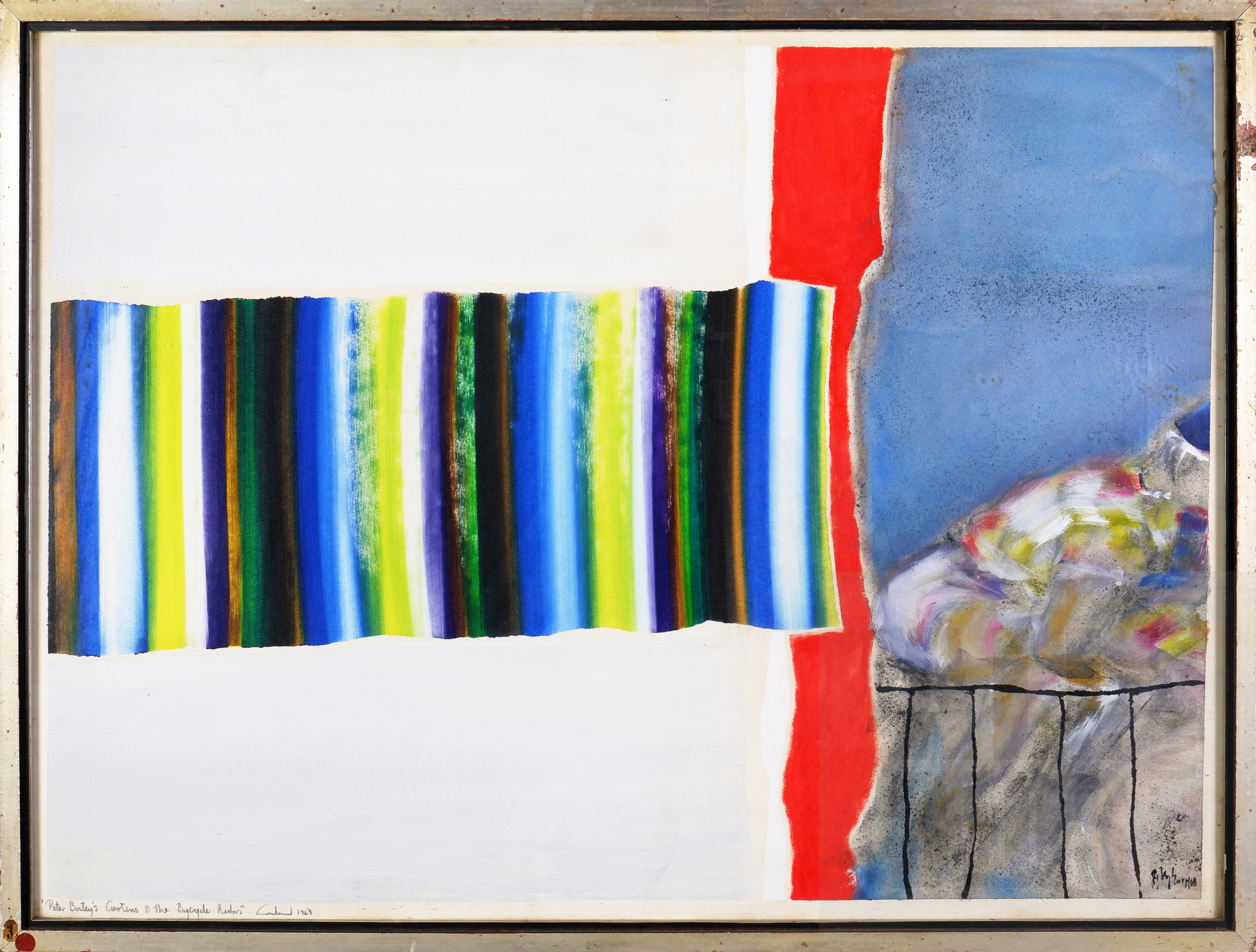 'Thomas Gleghorn (born 1925), Peter Bateys Curtains and the Bicycle Riders 1968, Mixed Media on Paper, 54 x 74 cm'