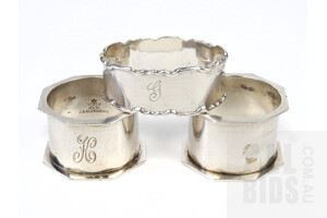 Two Vintage Australian Sterling Silver Napkin Rings and Another, Including Hardy Brothers and J.D Alexander, 93g